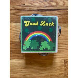 NWOT good luck ceramic coasters/ cork backing /4x4 with holder St Patrick day